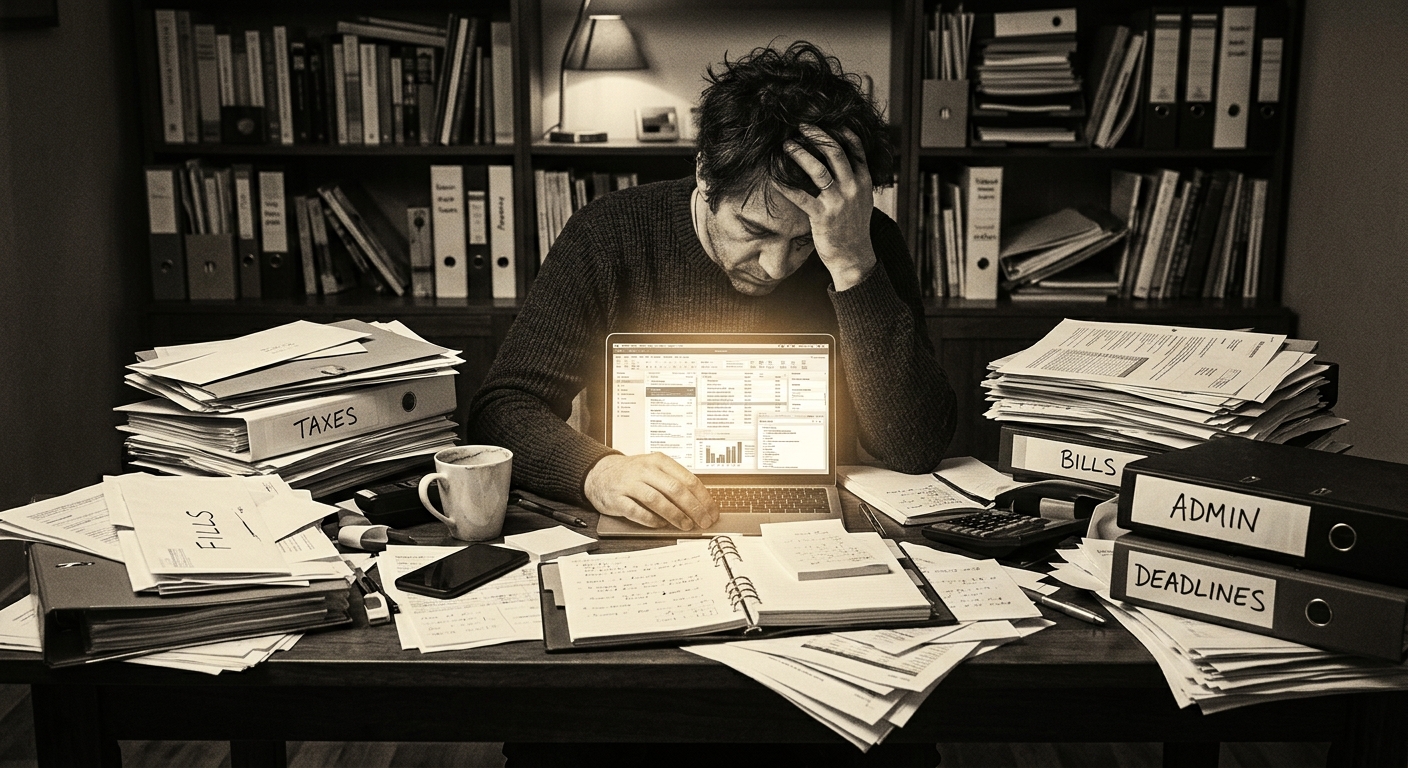 Overwhelmed founder at chaotic desk